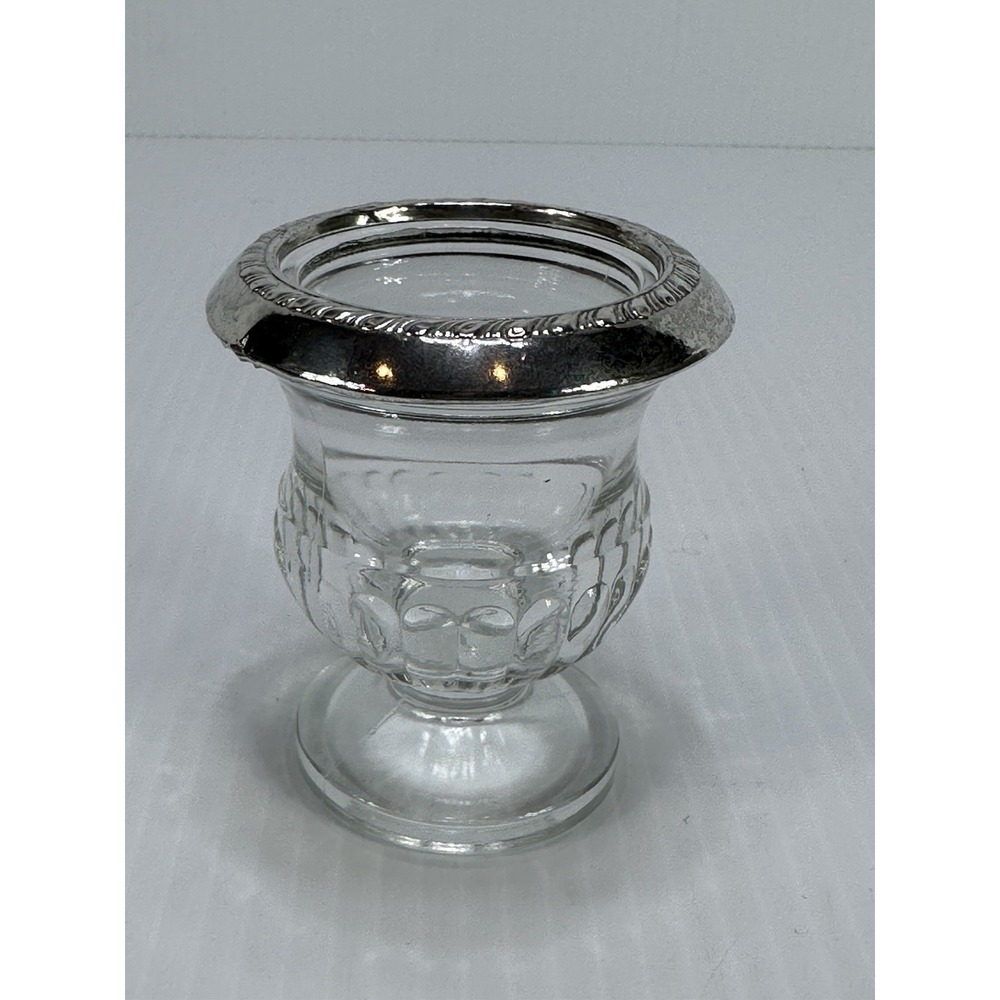 LITTLE ANTIQUE‎ PRESSED GLASS TOOTHPICK URN CUP STERLING SILVER RIM MARKED